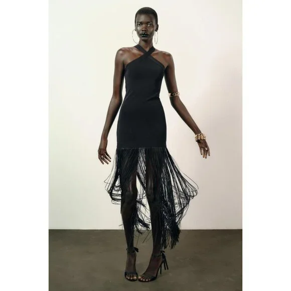 ZARA STRETCH LONG DRESS WITH FRINGING - Picture 2 of 12